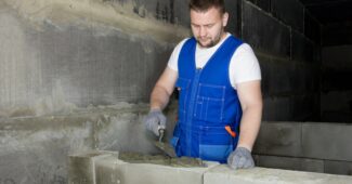 a man in blue overalls working on cement